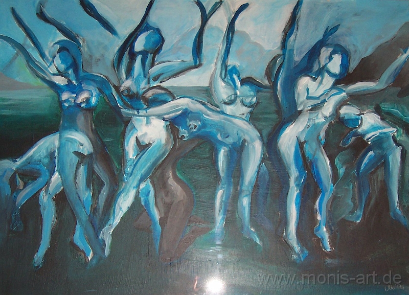 Tanzende in Blau.jpg - Frauen am Strand (2001)  -  Acryl auf Karton, gerahmt (60 x 80)