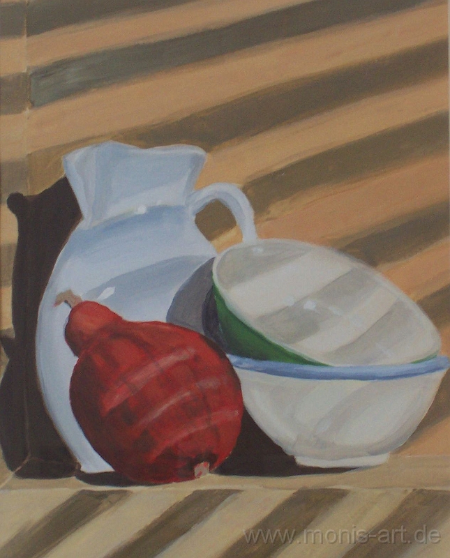 Schalen mit Schatten.jpg - Keramik und Kürbis  (2001) - Acryl auf Karton, gerahmt (50 x 40)