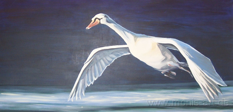 Schwan.jpg - Fliegender Schwan (2004)  -  Acryl auf Leinwand (70 x140)  Privatbesitz